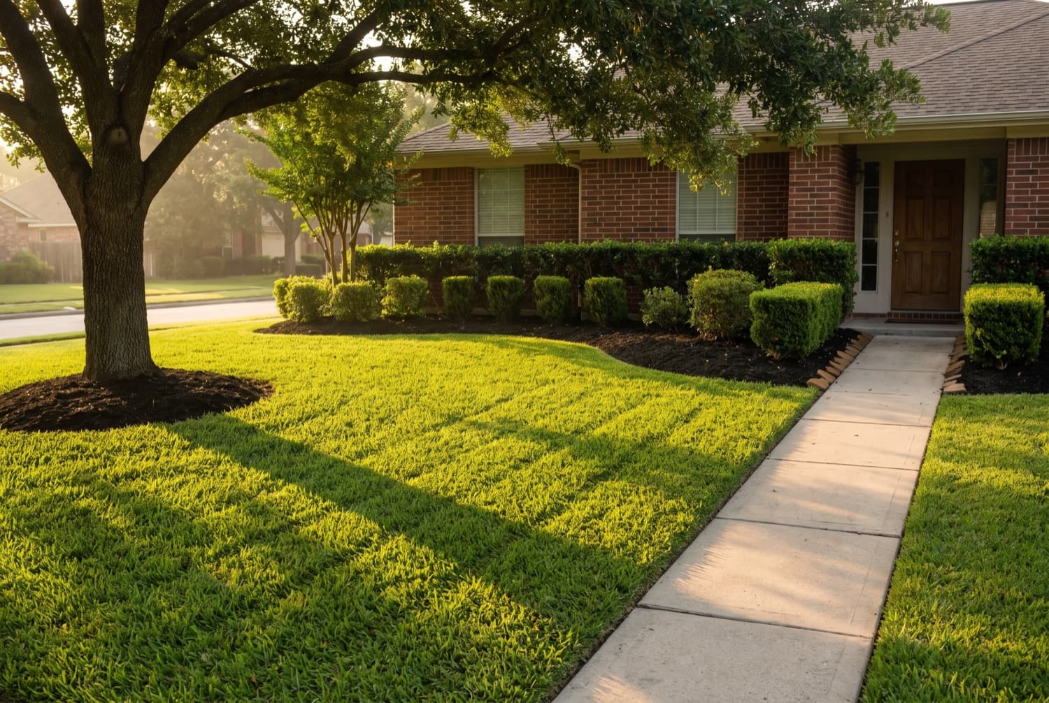 The yard after: striped mowing lines and crisp bed edges