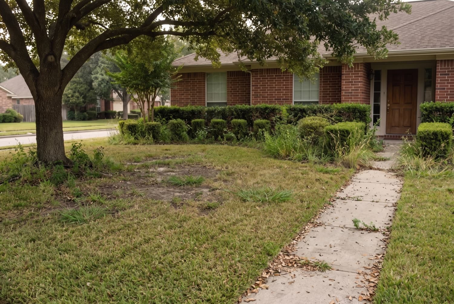 The yard before: patchy, dry grass and overgrown beds