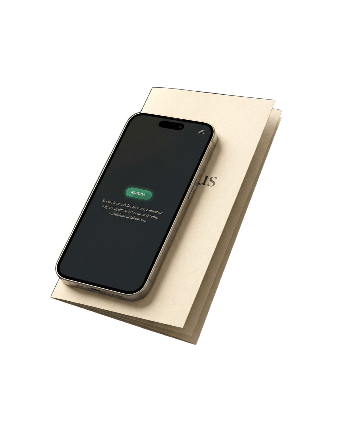 A phone showing a restaurant website, propped against a stack of printed menus