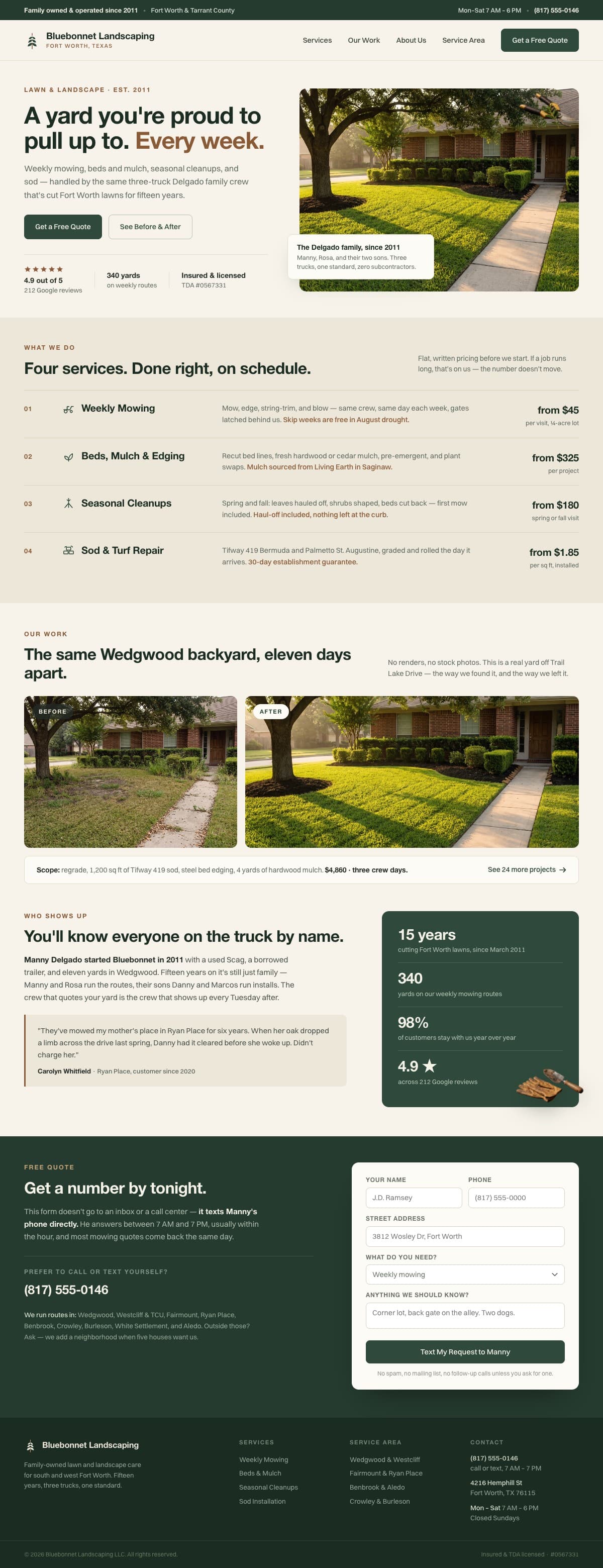 The Bluebonnet Landscaping homepage we designed and built