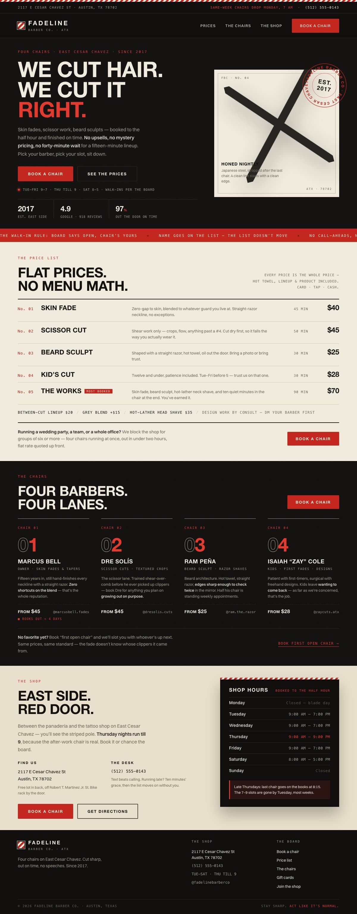 The Fadeline Barber Co. homepage we designed and built