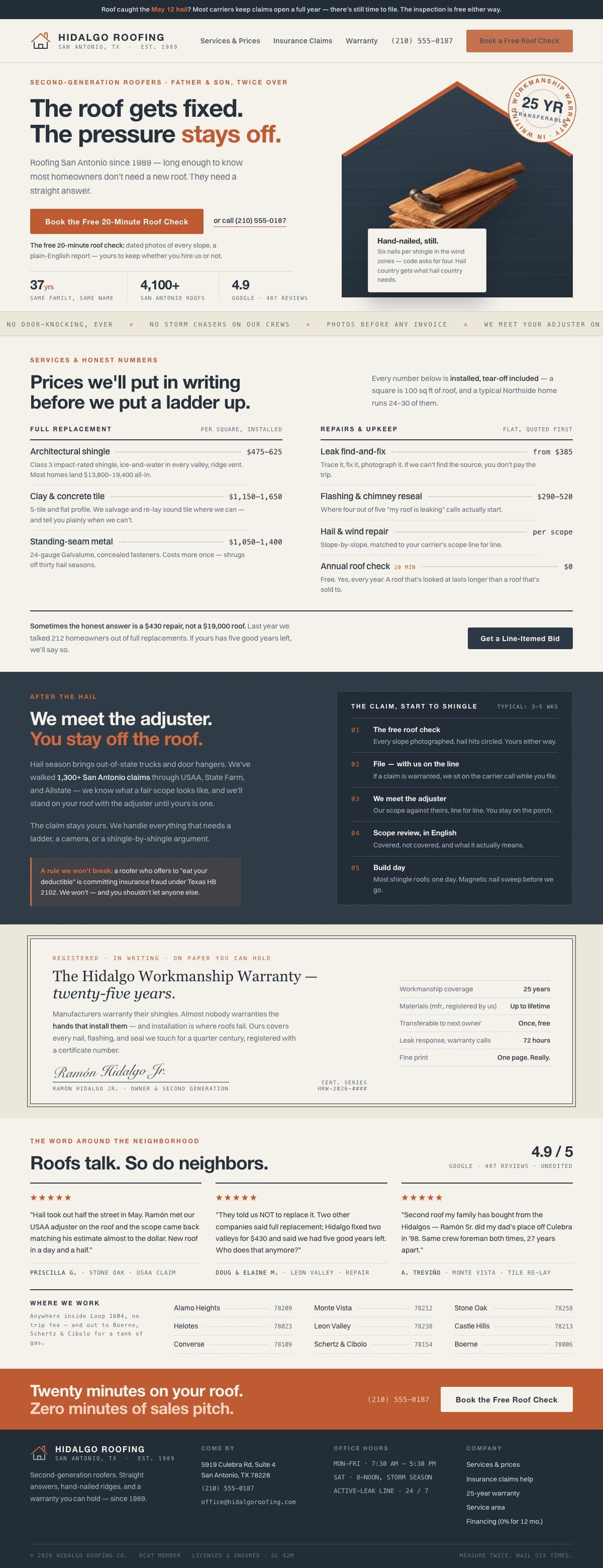 The Hidalgo Roofing homepage we designed and built