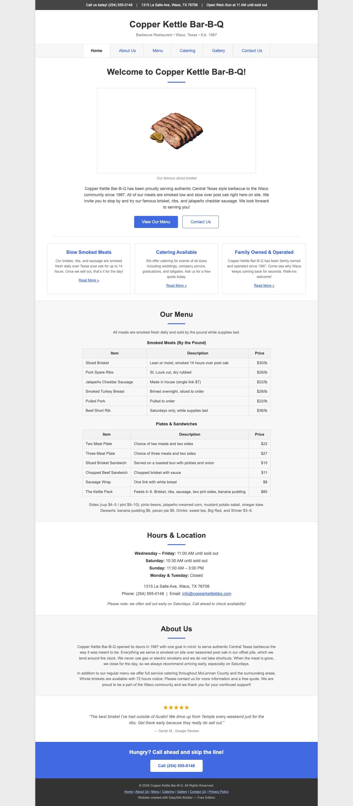 A generic website-builder template for a barbecue restaurant