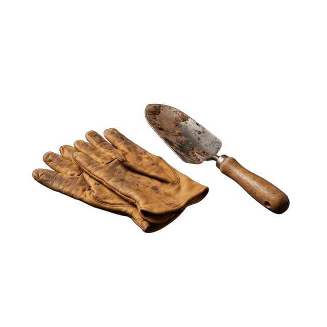 Leather work gloves and a garden trowel